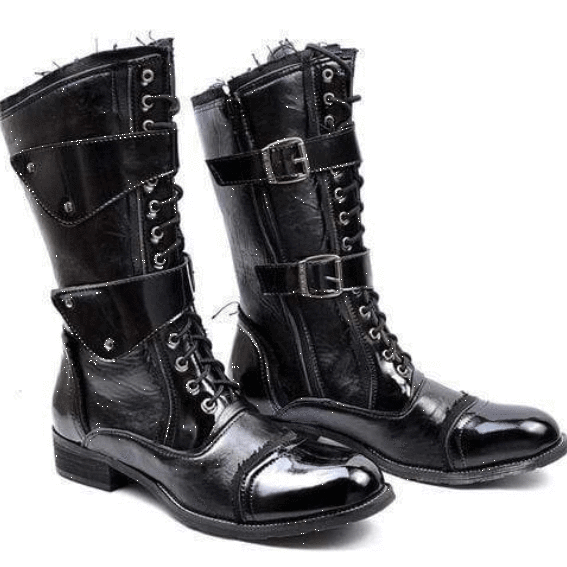 Kobine Men's Military Faux Leather Multi Buckles Martin Boots