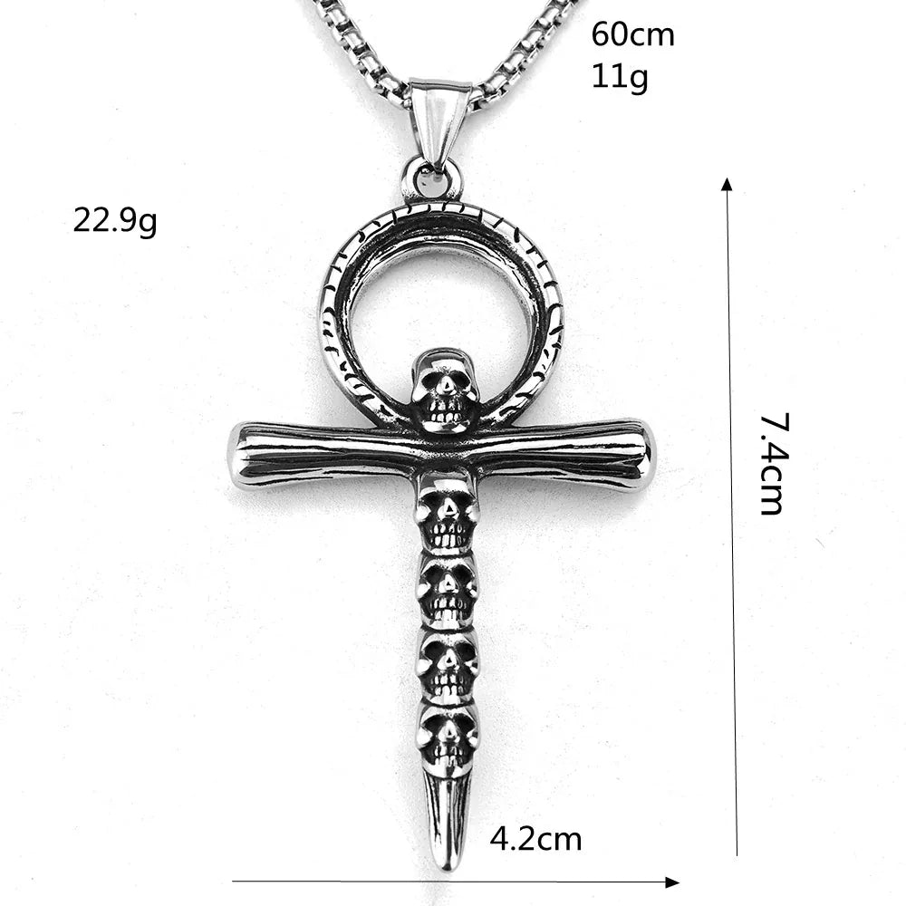 Kobine Men's Punk Ankh Symbol & Skull Necklace