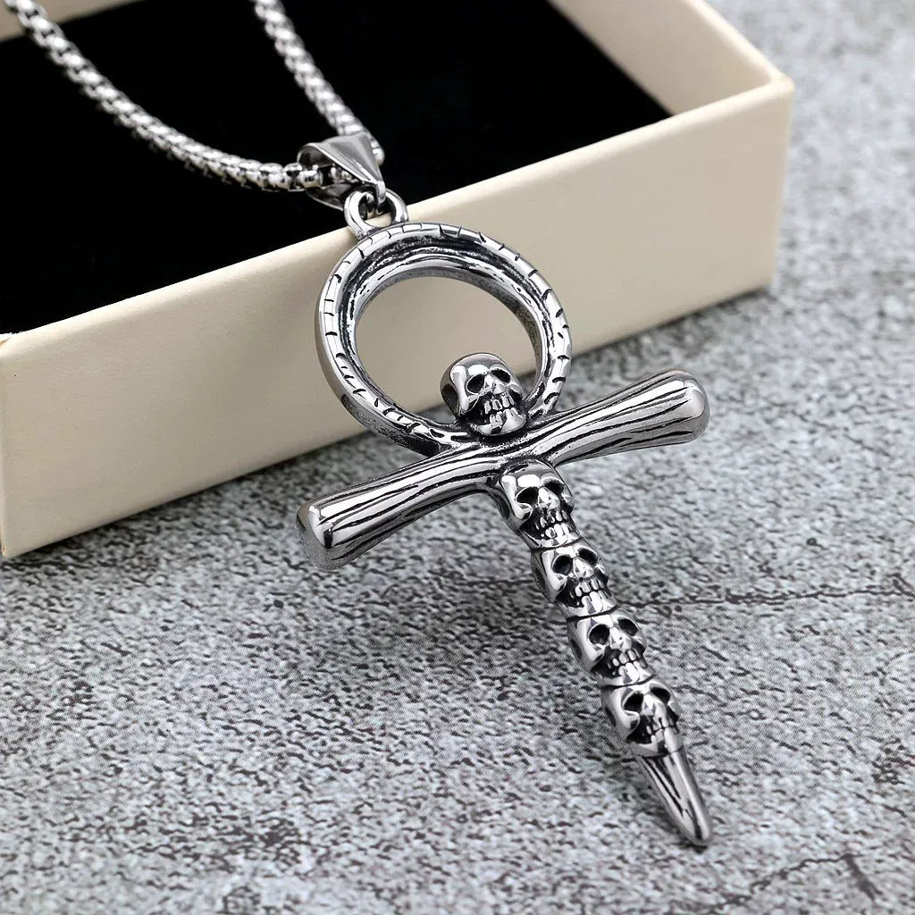 Kobine Men's Punk Ankh Symbol & Skull Necklace