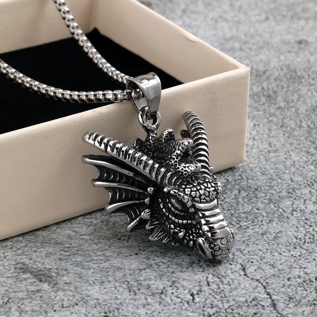 Kobine Men's Punk Antiqued Dragon Head Necklace