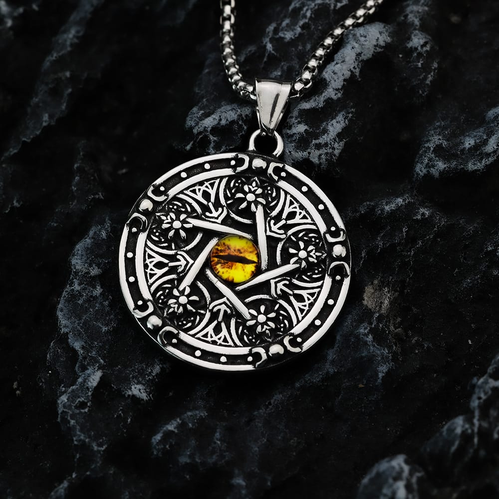 Kobine Men's Punk Antiqued Round Pentacle Evil Eye Pendant Necklace
