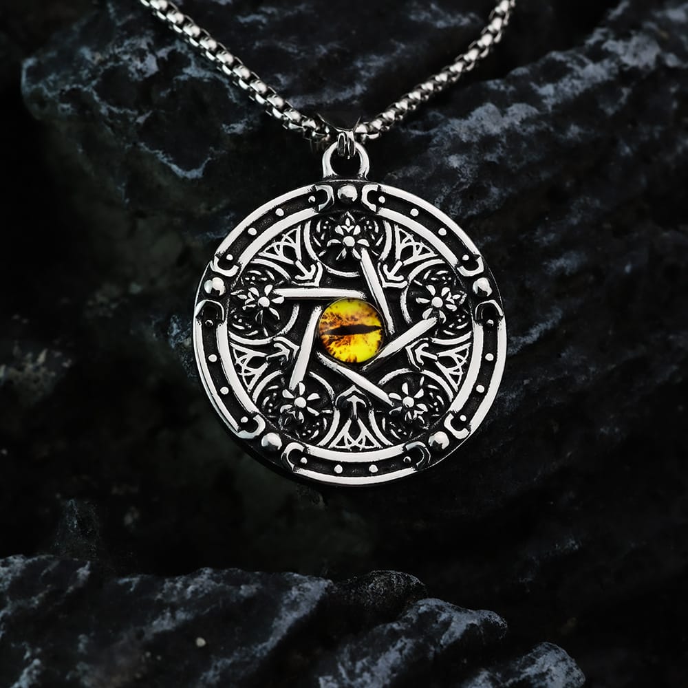 Kobine Men's Punk Antiqued Round Pentacle Evil Eye Pendant Necklace