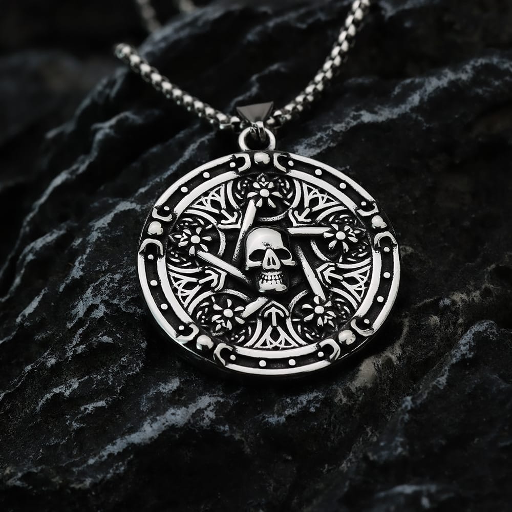 Kobine Men's Punk Antiqued Round Pentacle Evil Eye Pendant Necklace