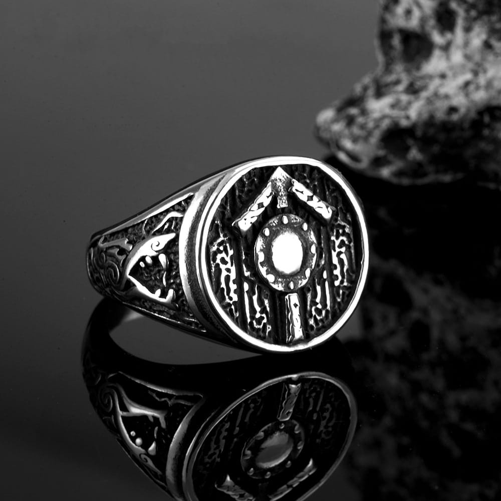 Kobine Men's Punk Antiqued Round Shield Carved Signet Ring