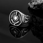 Kobine Men's Punk Antiqued Round Shield Carved Signet Ring
