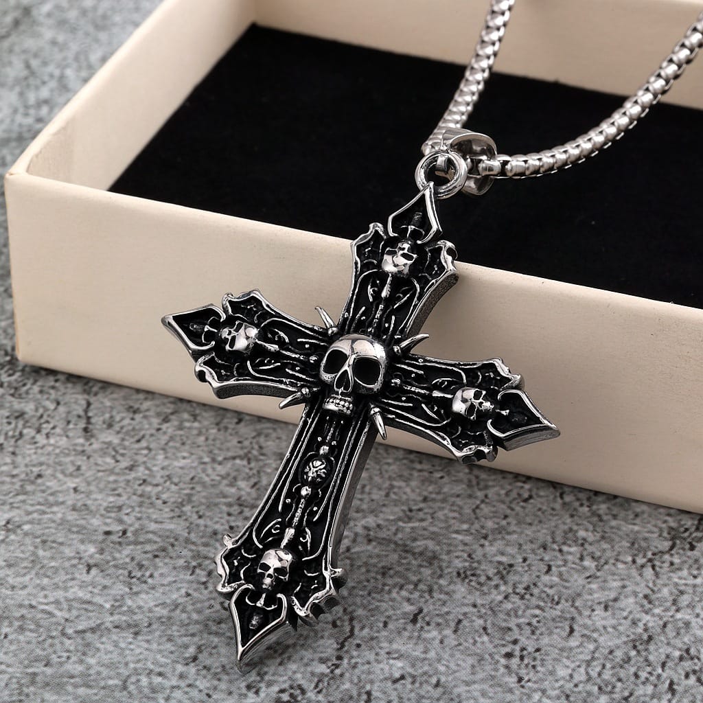 Kobine Men's Punk Antiqued Skull Cross Necklace
