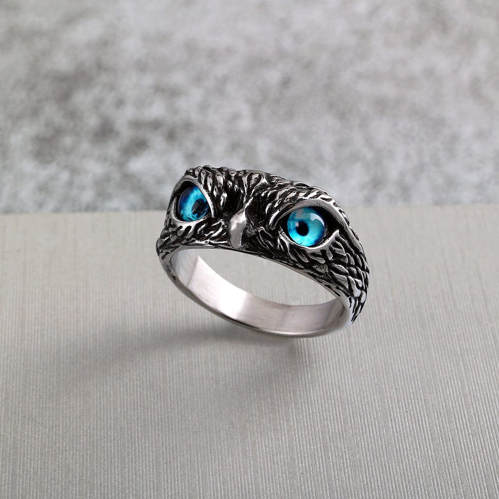 Kobine Men's Punk Blue Eyes Owl Ring