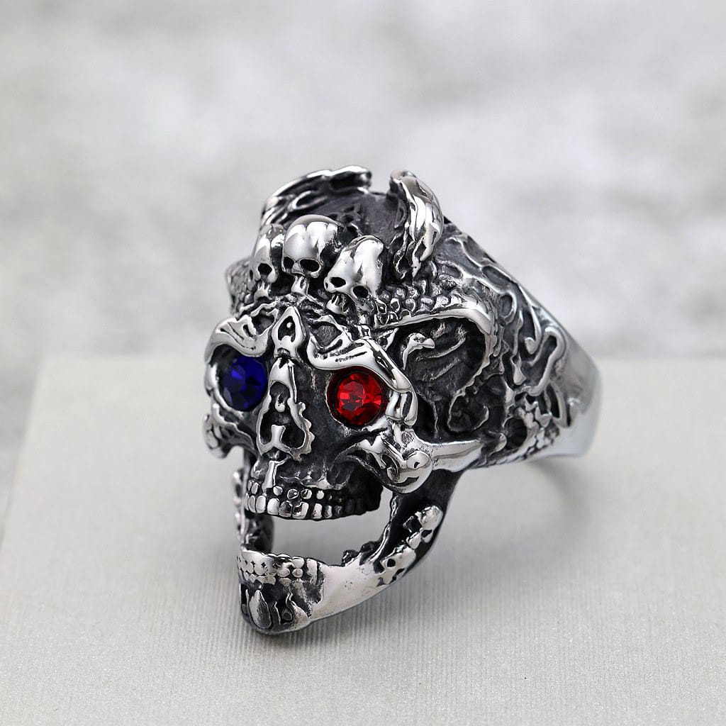 Kobine Men's Punk Blue & Red Eyes Skull Ring