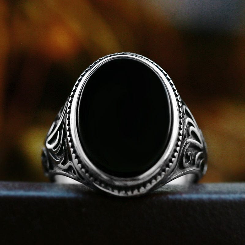 Kobine Men's Punk Carved Black Agate Ring