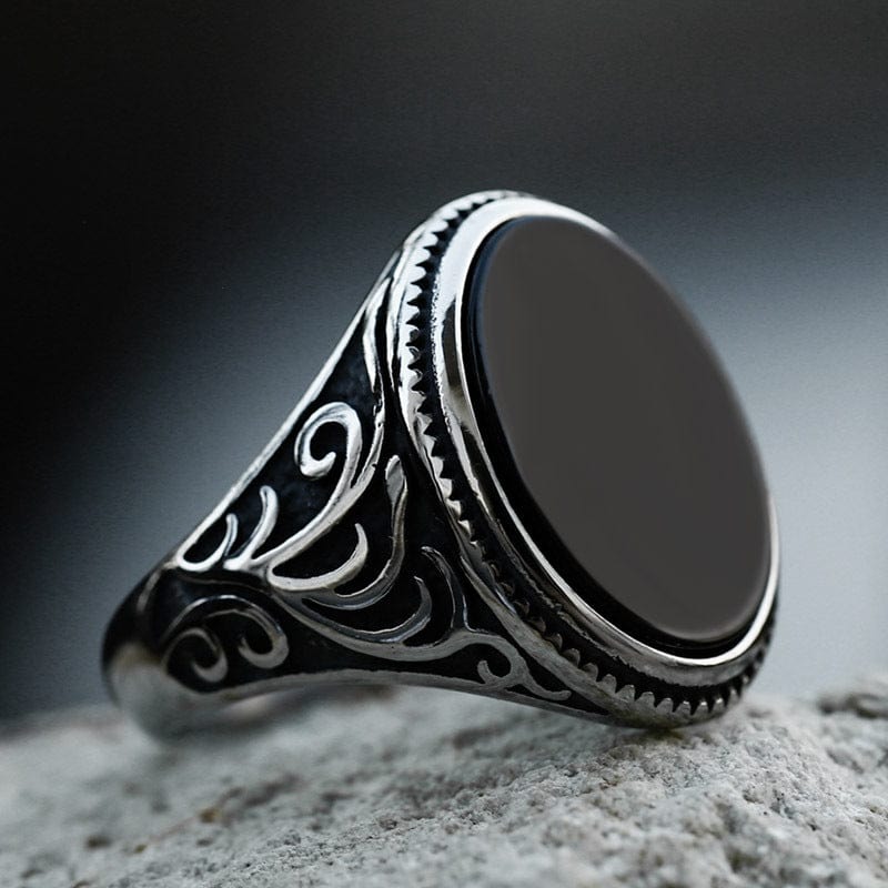 Kobine Men's Punk Carved Black Agate Ring