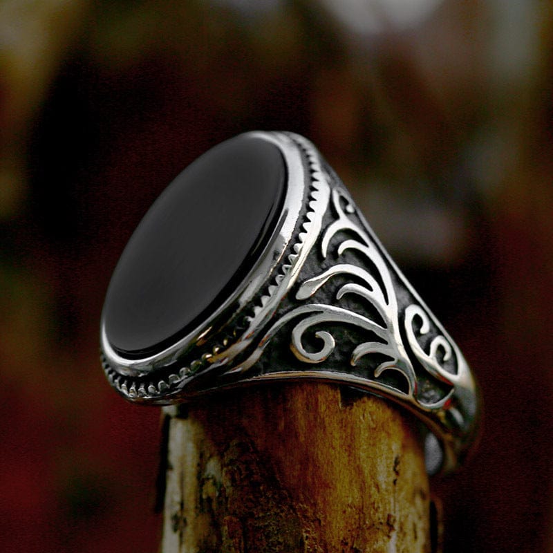 Kobine Men's Punk Carved Black Agate Ring