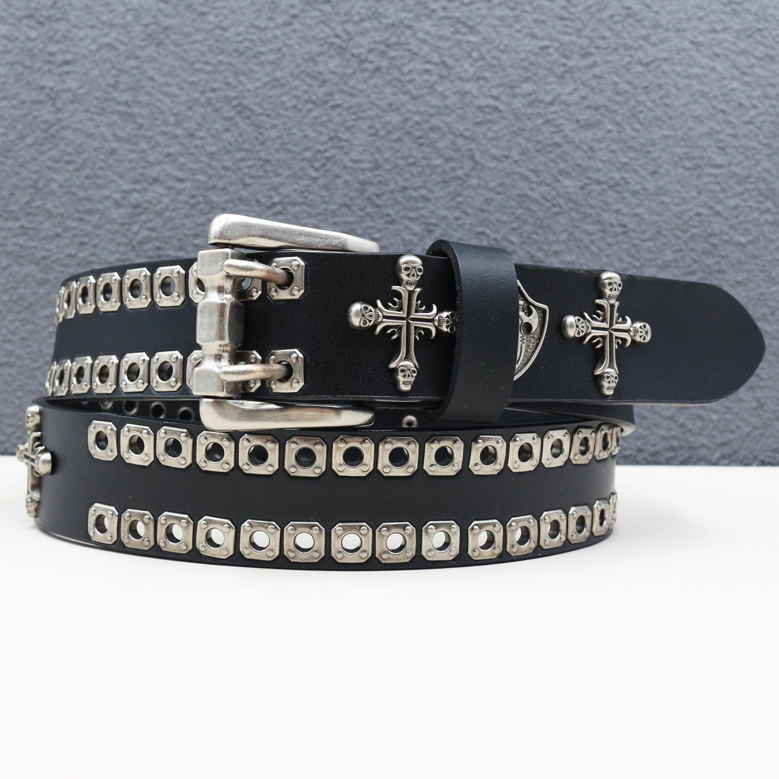 Kobine Men's Punk Cross Skull Studded Belt