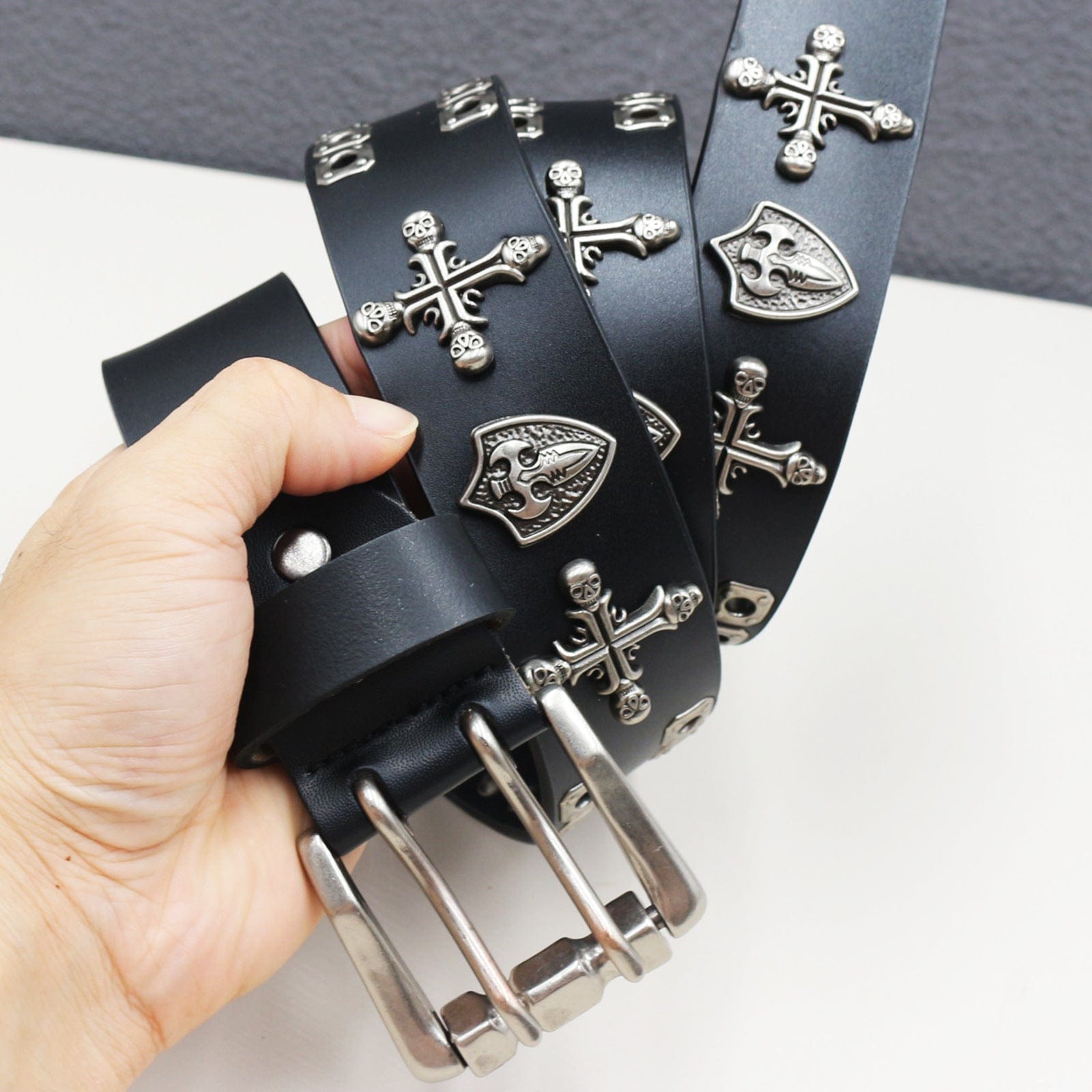 Kobine Men's Punk Cross Skull Studded Belt