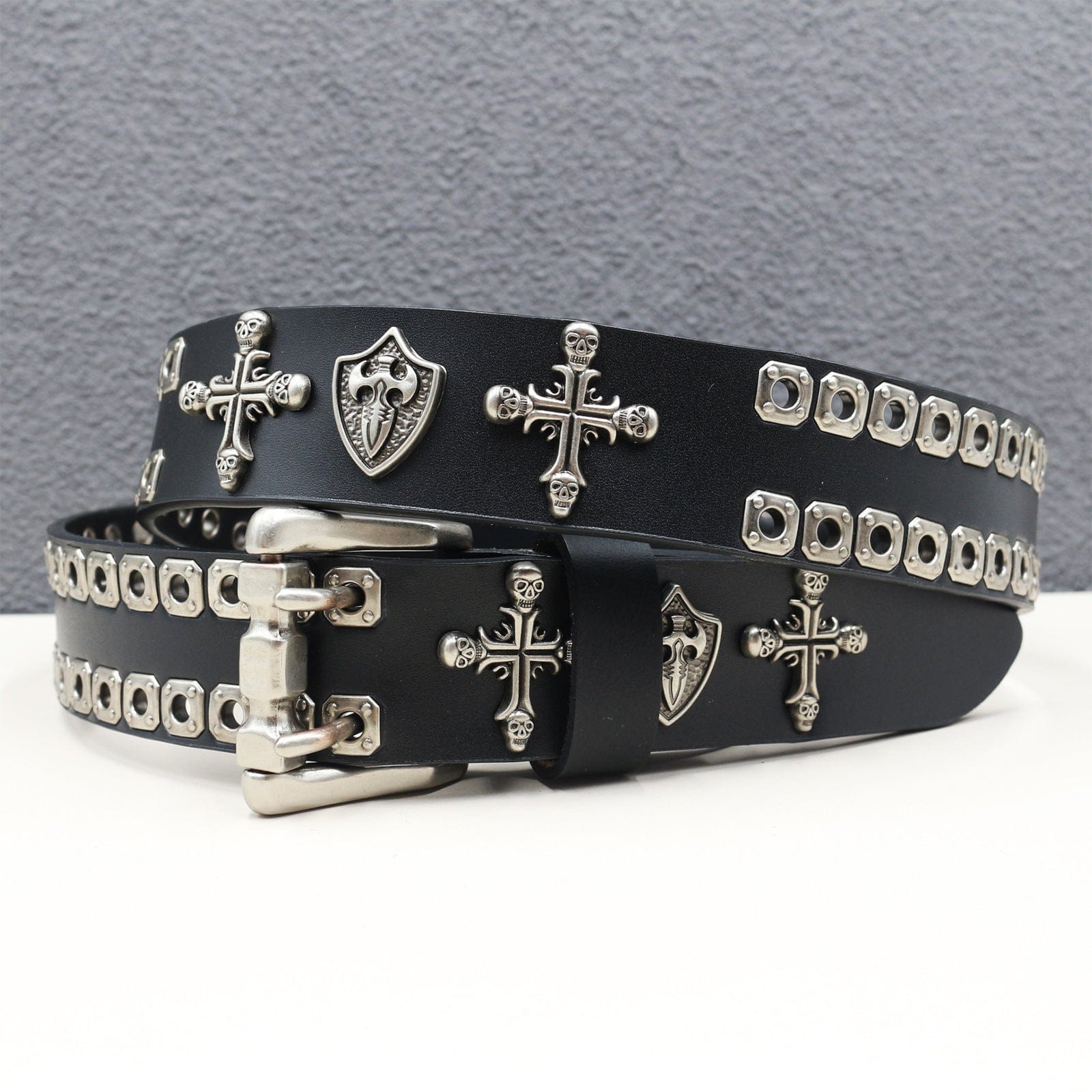 Kobine Men's Punk Cross Skull Studded Belt