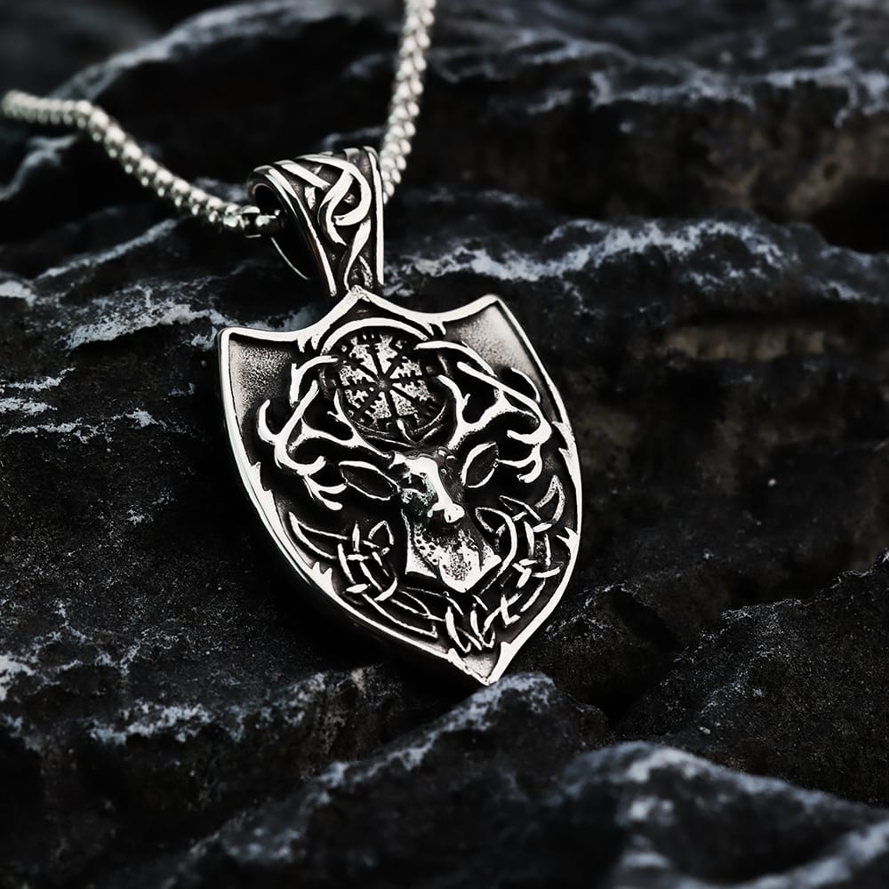 Kobine Men's Punk Deer Head Compass Shield Pendant Necklace
