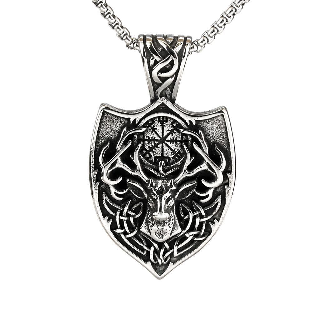 Kobine Men's Punk Deer Head Compass Shield Pendant Necklace