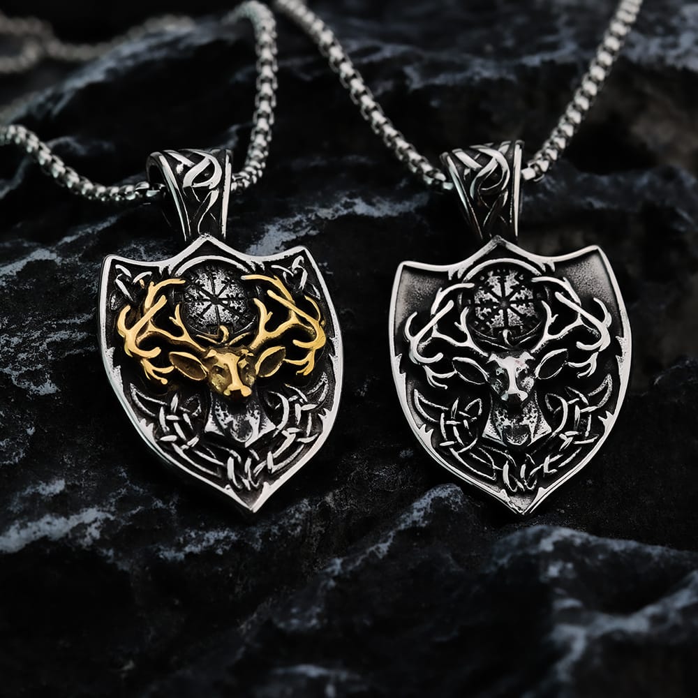 Kobine Men's Punk Deer Head Compass Shield Pendant Necklace