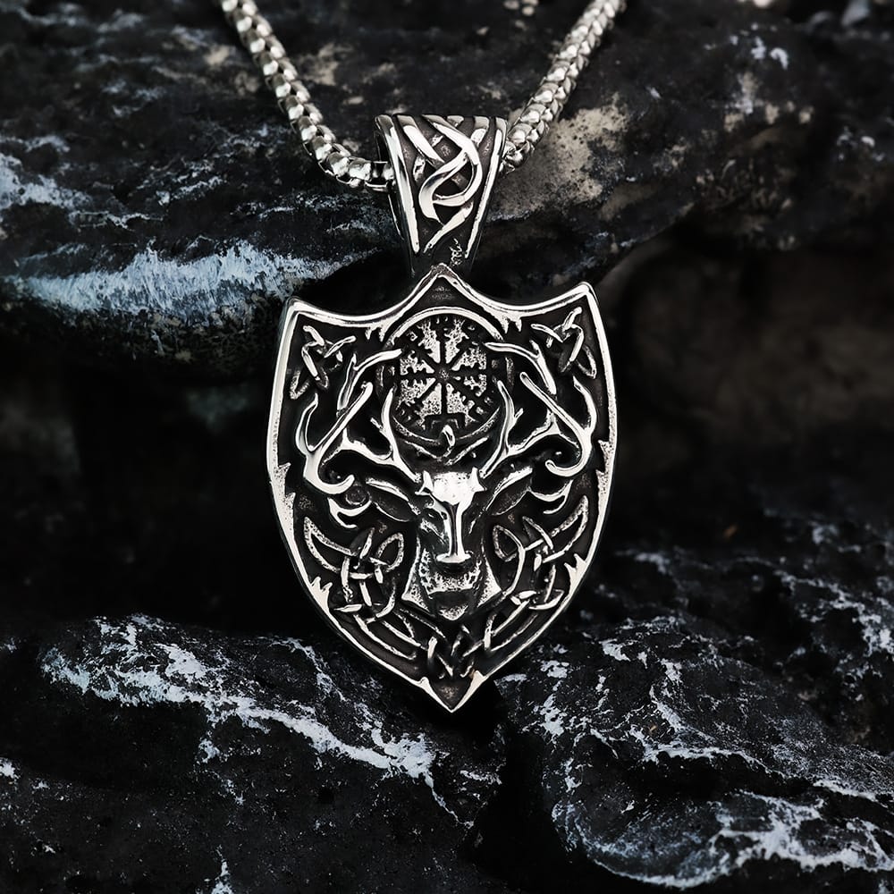 Kobine Men's Punk Deer Head Compass Shield Pendant Necklace