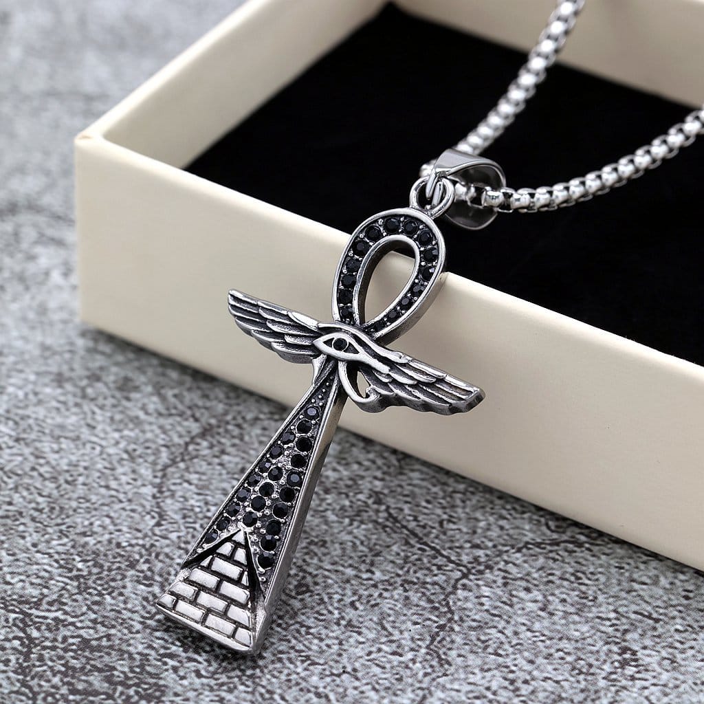 Kobine Men's Punk Diamante Eye Wing Cross Necklace