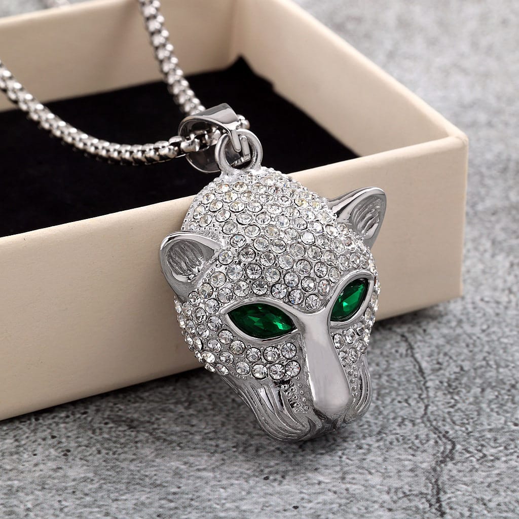 Kobine Men's Punk Diamante Green Eyes Leopard Head Necklace