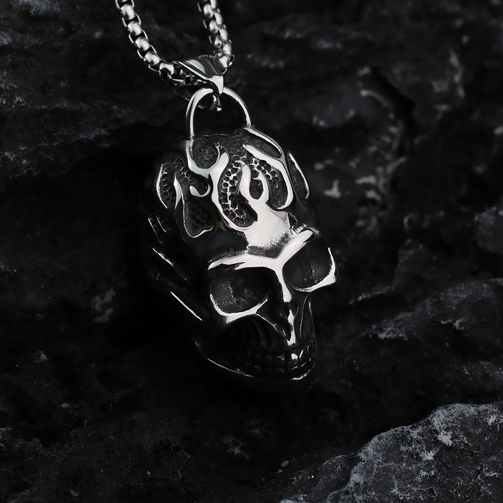 Kobine Men's Punk Flame Skull Pendant Necklace