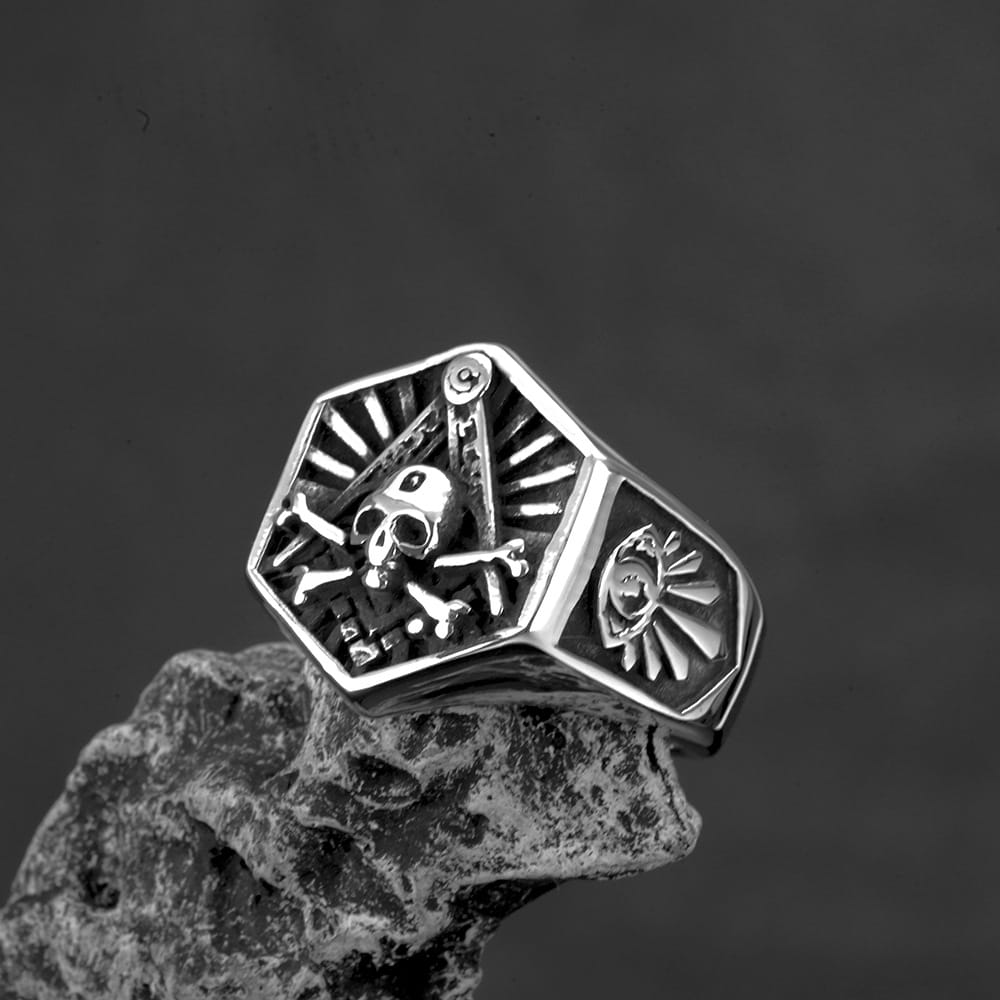 Kobine Men's Punk Hexagon Skull Carved Ring