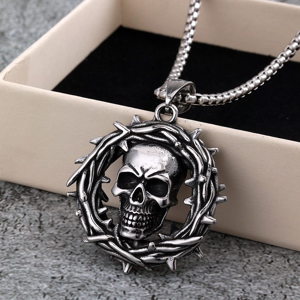 Kobine Men's Punk Hollow Out Thorns Skull Necklace