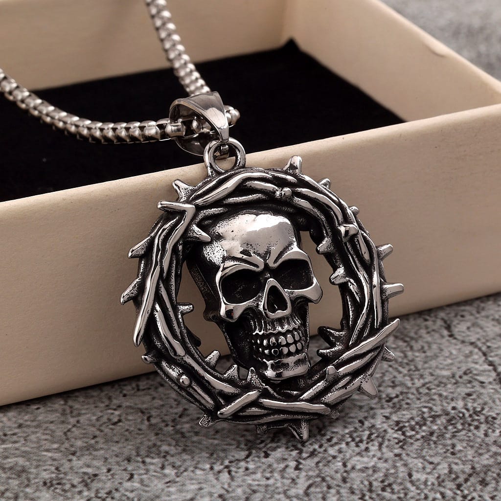 Kobine Men's Punk Hollow Out Thorns Skull Necklace