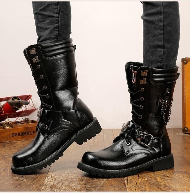 Kobine Men's Punk Laced Up Faux Leather Military Combat Boots