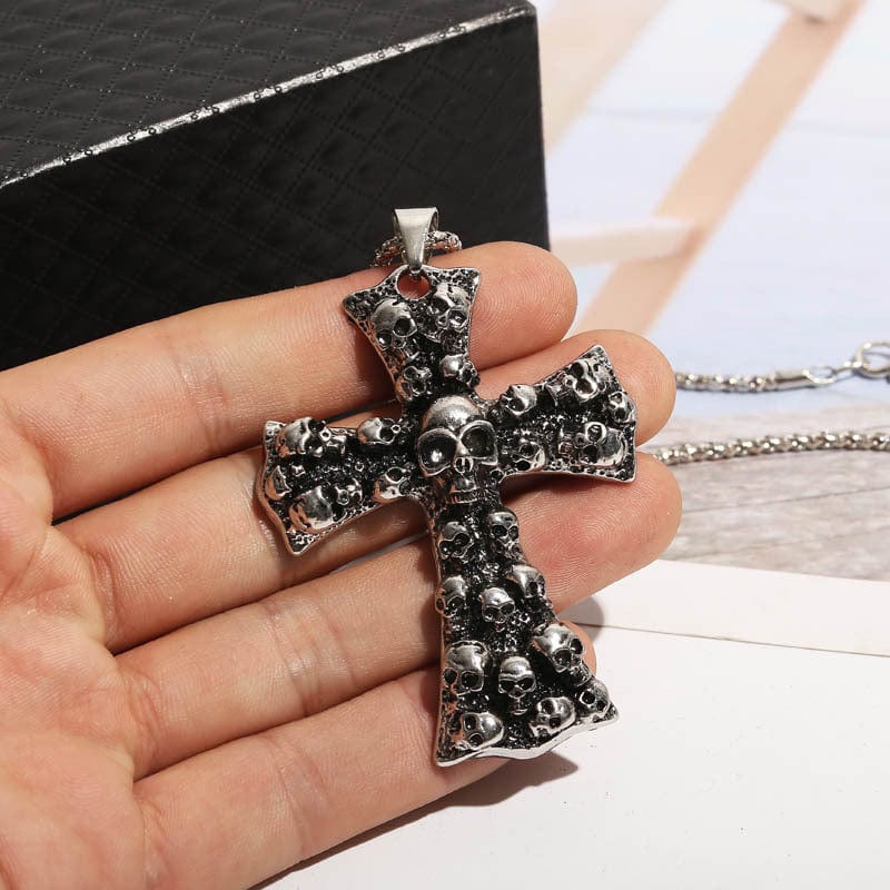 Kobine Men's Punk Large Skulls Cross Pendant Necklace