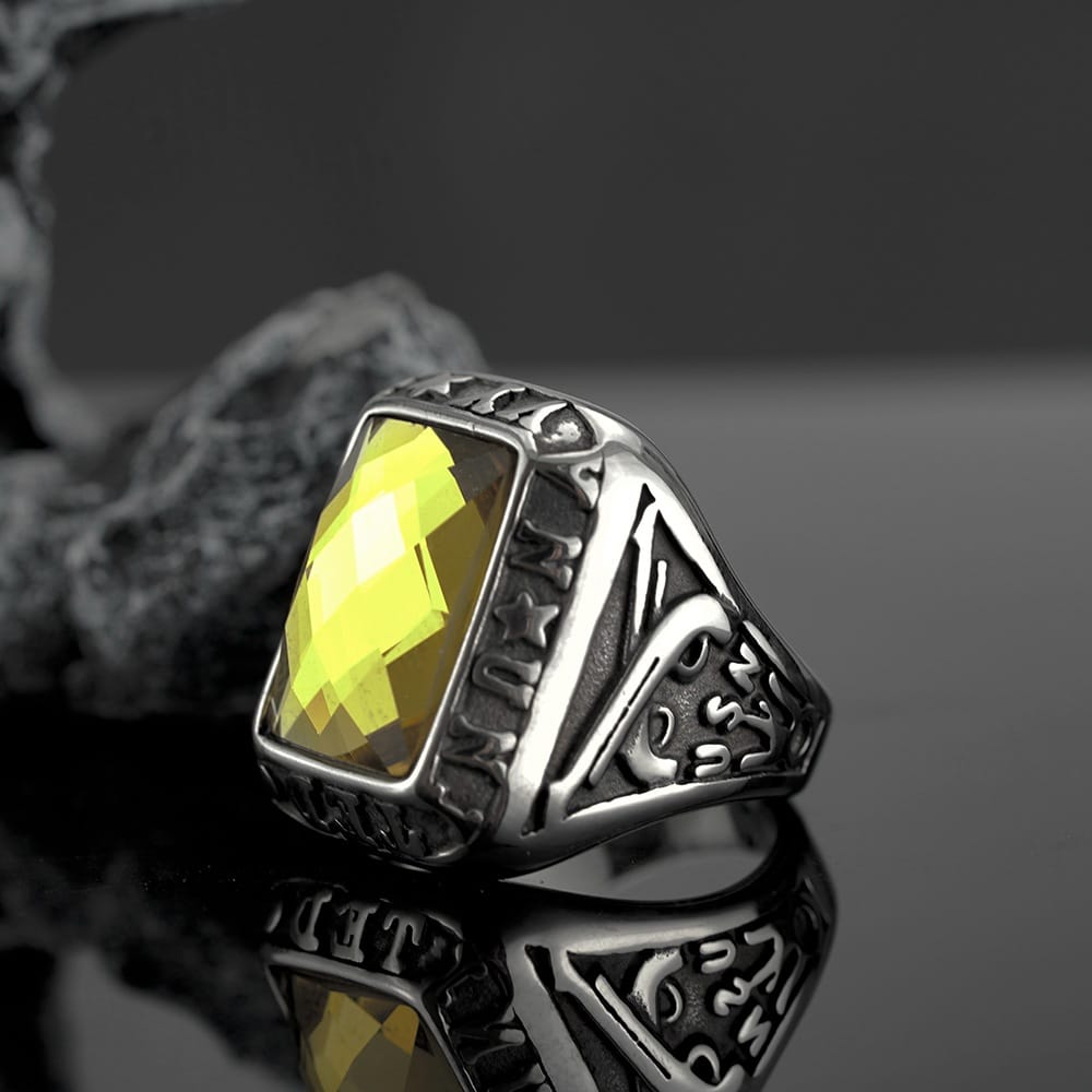 Kobine Men's Punk Letter Carved Simulated Citrine Ring
