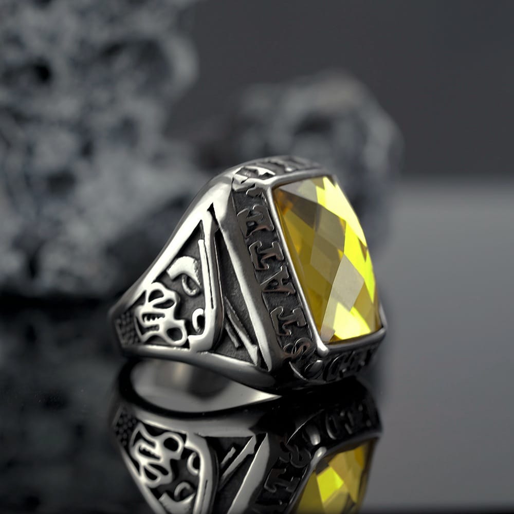 Kobine Men's Punk Letter Carved Simulated Citrine Ring