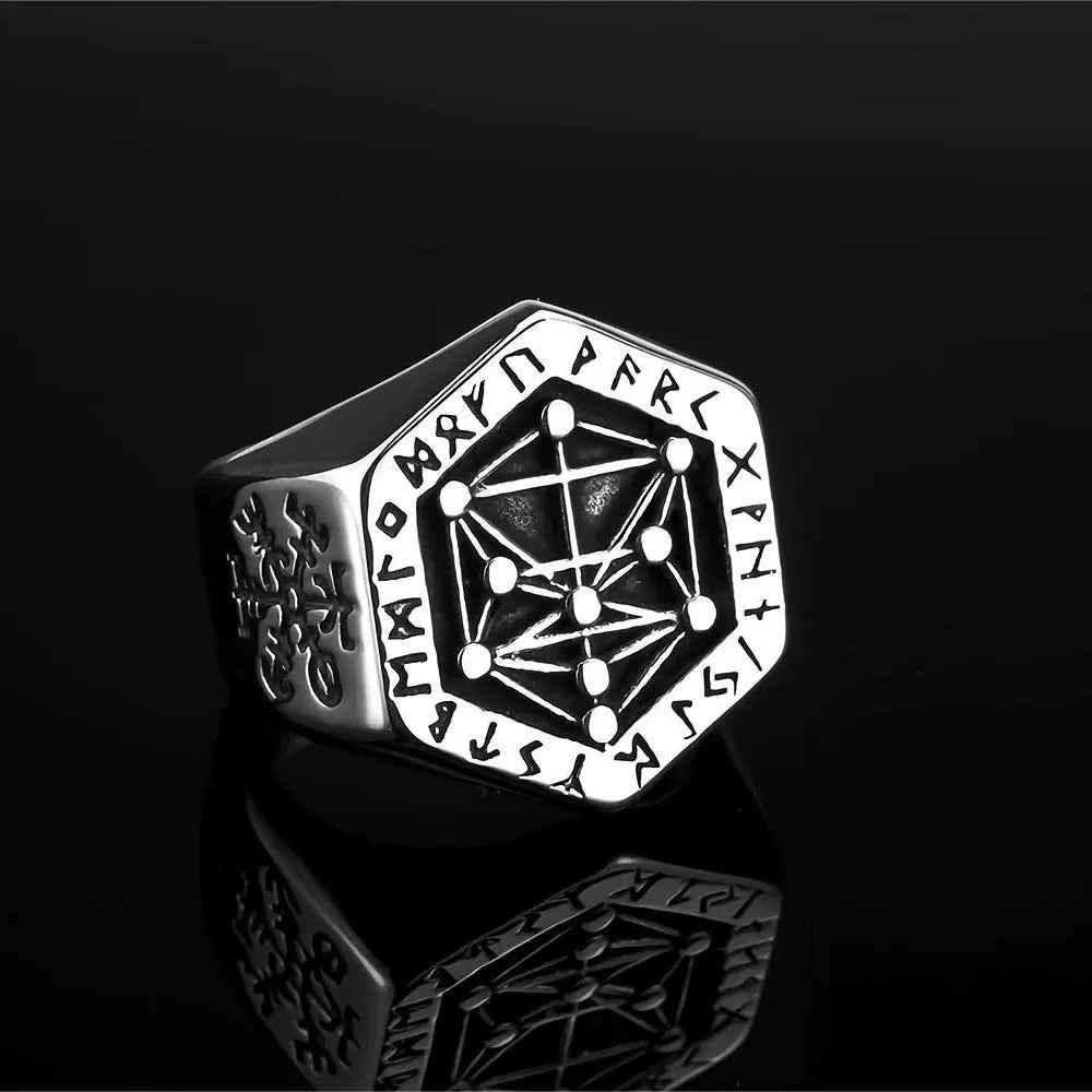 Kobine Men's Punk Norse Runes Geometric Hexagon Ring
