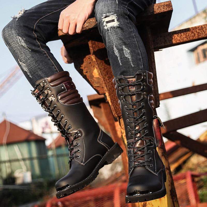 Men's Punk Pocket Lace Up Faux Leather Army Boots Riding Boots