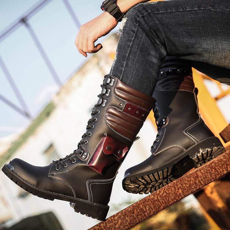 Mens Combat Military Motorcycle Mid Calf Boots Riding Punk Lace Up Casual  Boots 