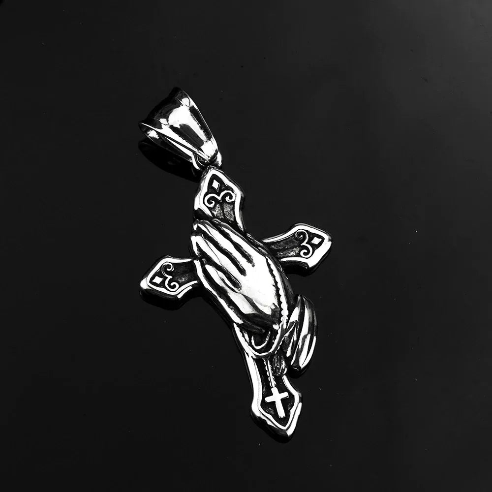 Kobine Men's Punk Praying Hands & Cross Necklace