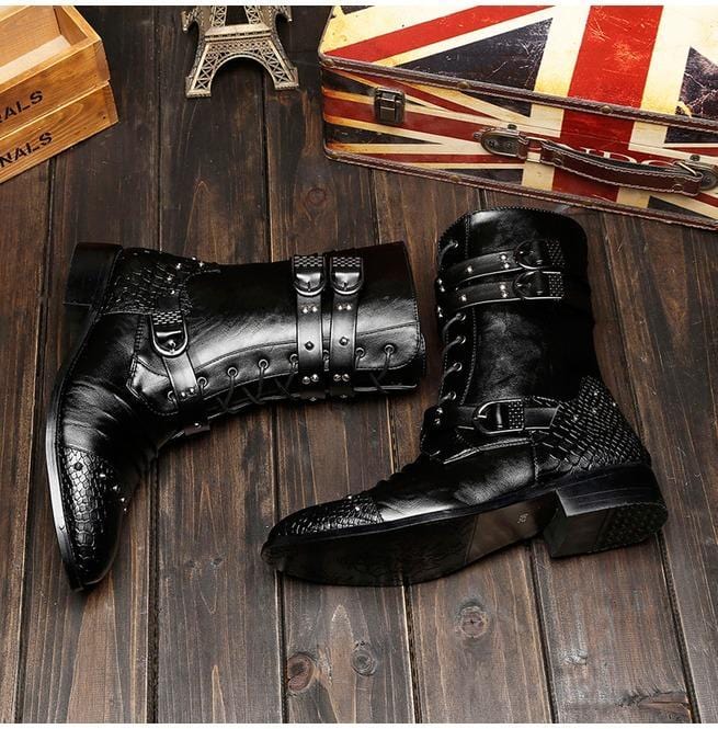 Kobine Men's Punk Rivets Lace Up Pointed Boots Martin Boots Men Army Boots