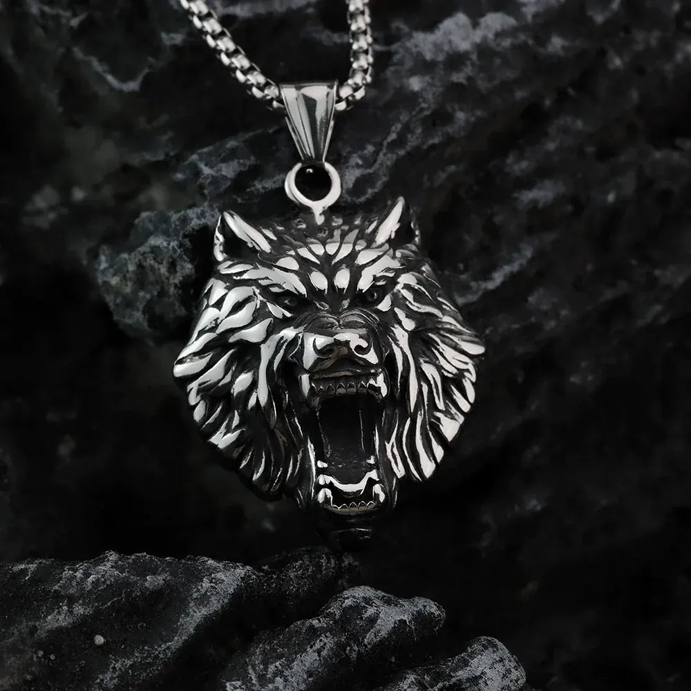 Kobine Men's Punk Roaring Wolf Head Necklace