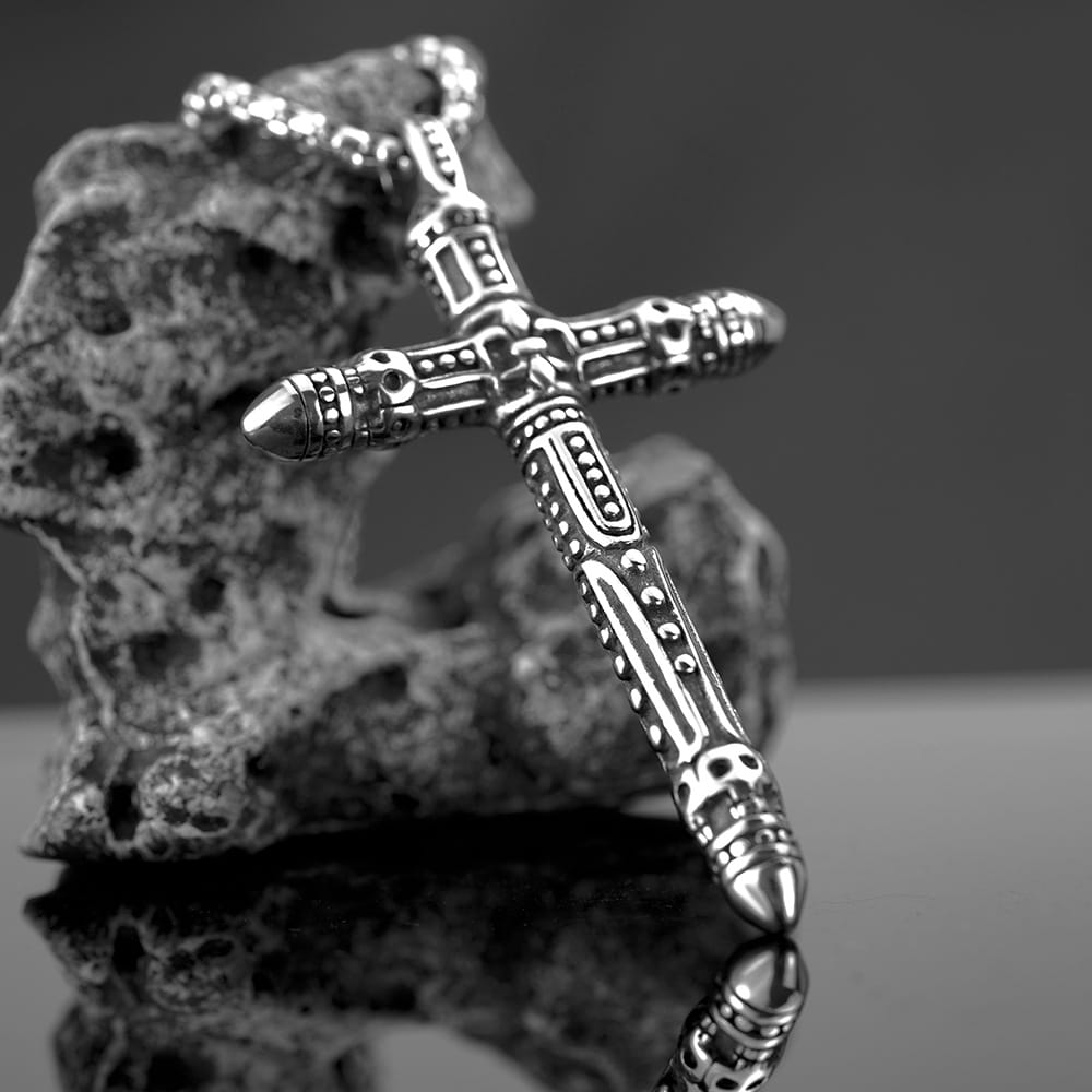 Kobine Men's Punk Skull Carved Cross Pendant Necklace