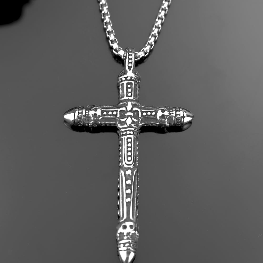 Kobine Men's Punk Skull Carved Cross Pendant Necklace