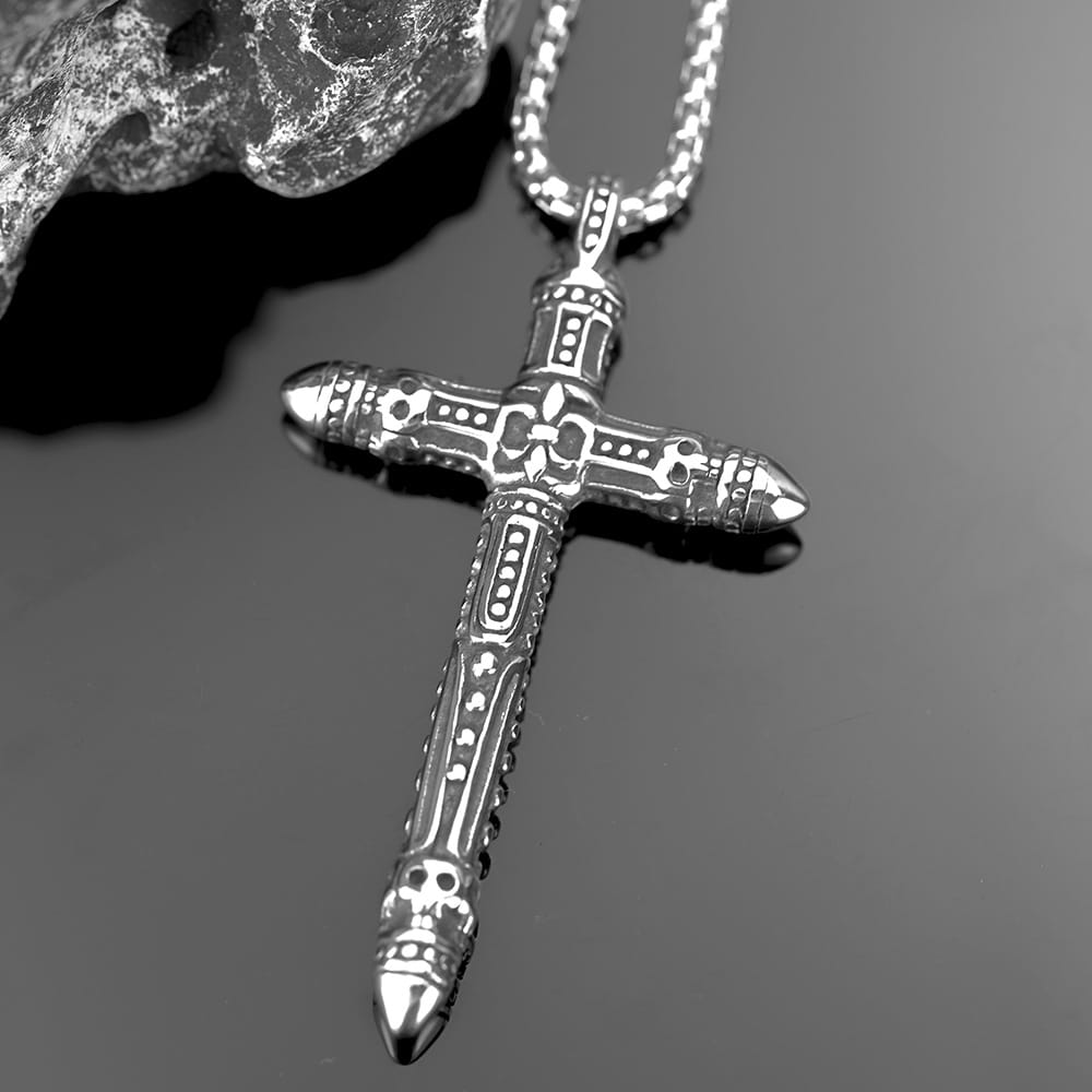 Kobine Men's Punk Skull Carved Cross Pendant Necklace
