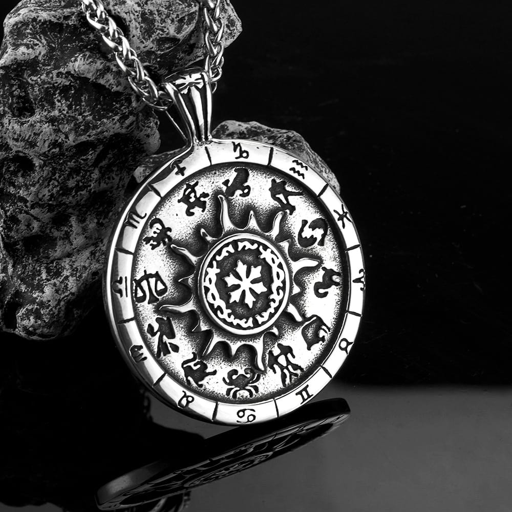 Kobine Men's Punk Sun Twelve Constellations Carved Pendant Necklace