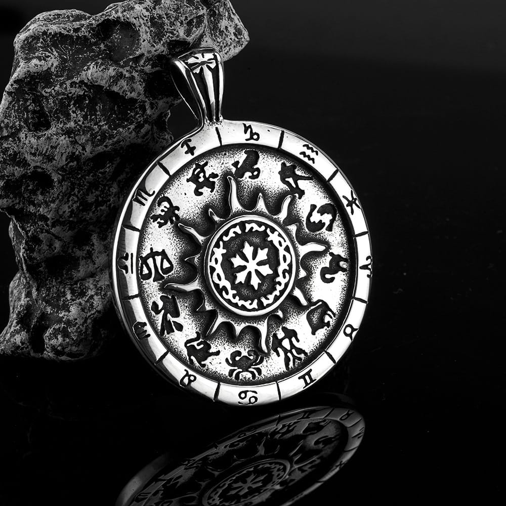 Kobine Men's Punk Sun Twelve Constellations Carved Pendant Necklace