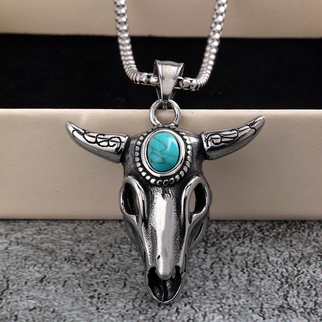 Kobine Men's Punk Turquoise Bull Head Necklace