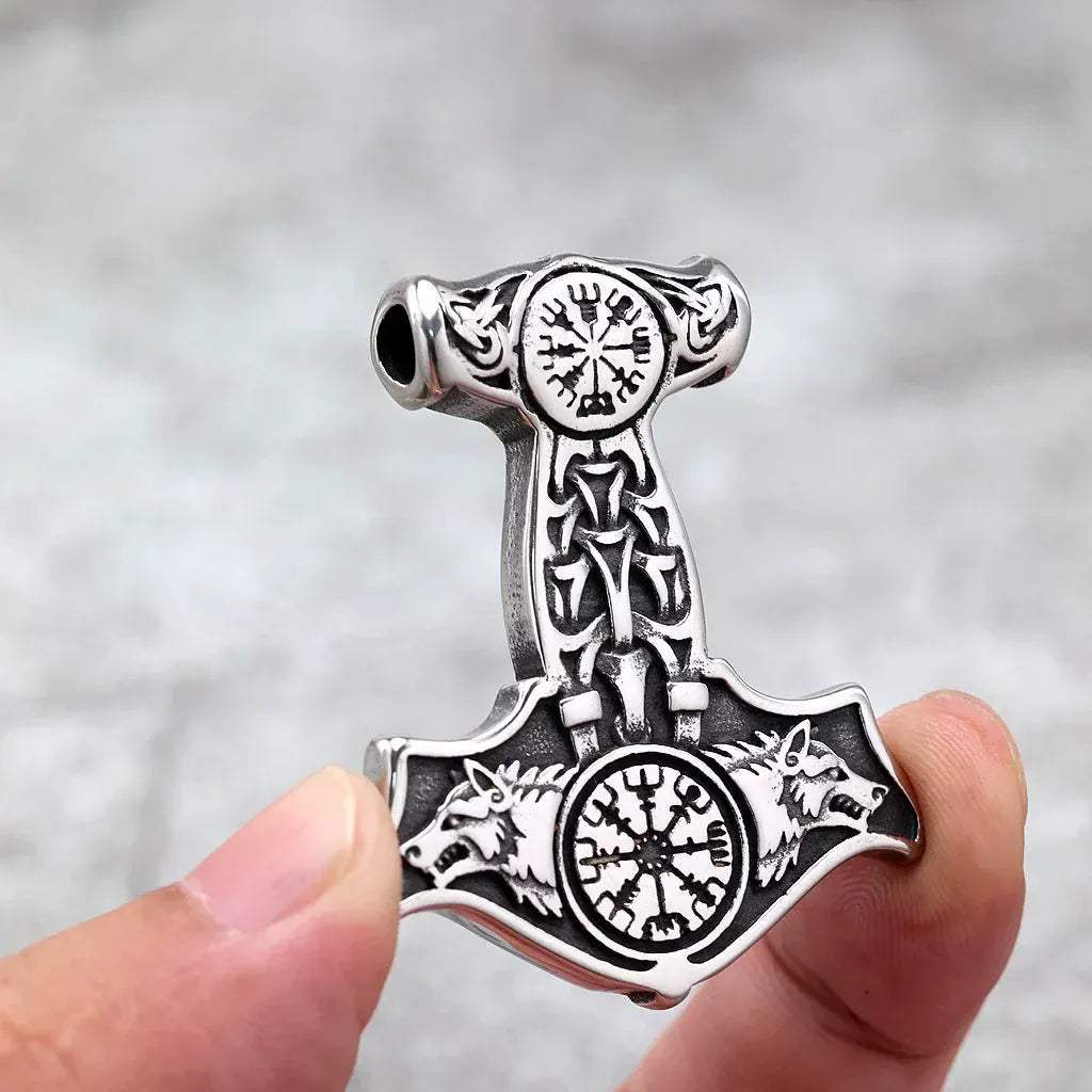 Kobine Men's Punk Viking Wolf Head Mjolnir Necklace