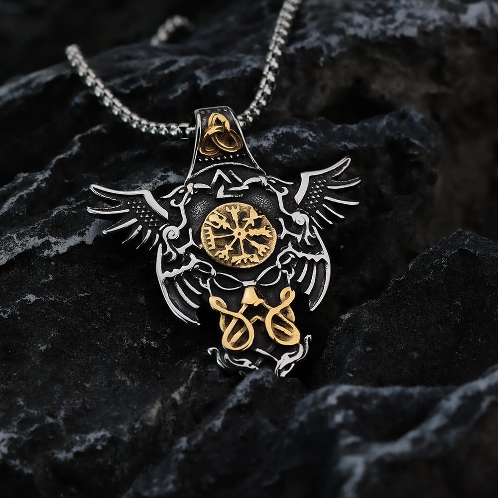 Kobine Men's Punk Vintage Raven Compass Pendant Necklace
