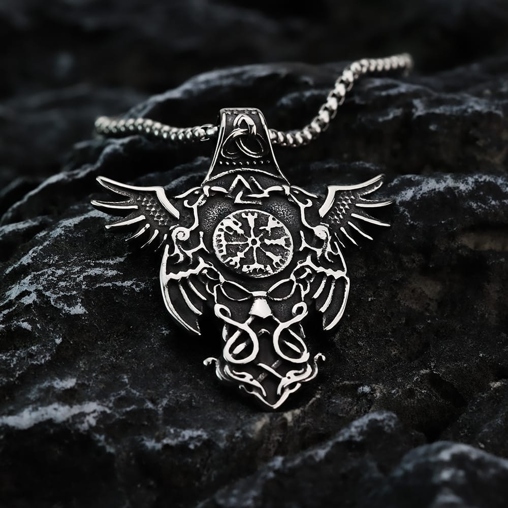 Kobine Men's Punk Vintage Raven Compass Pendant Necklace