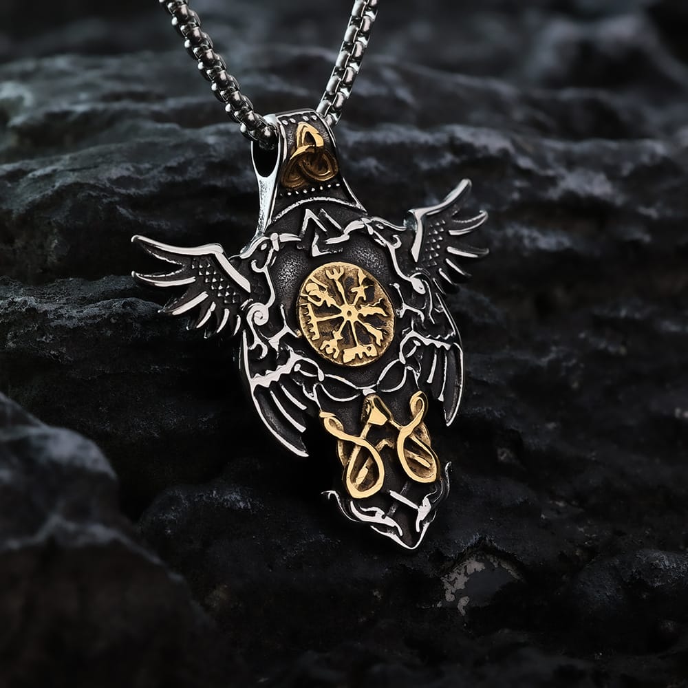 Kobine Men's Punk Vintage Raven Compass Pendant Necklace