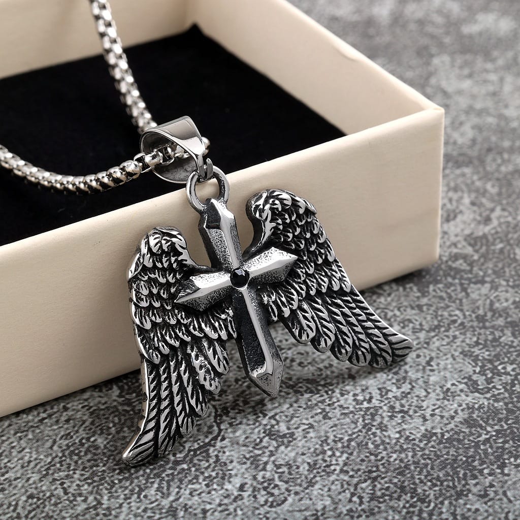Kobine Men's Punk Wing Cross Necklace