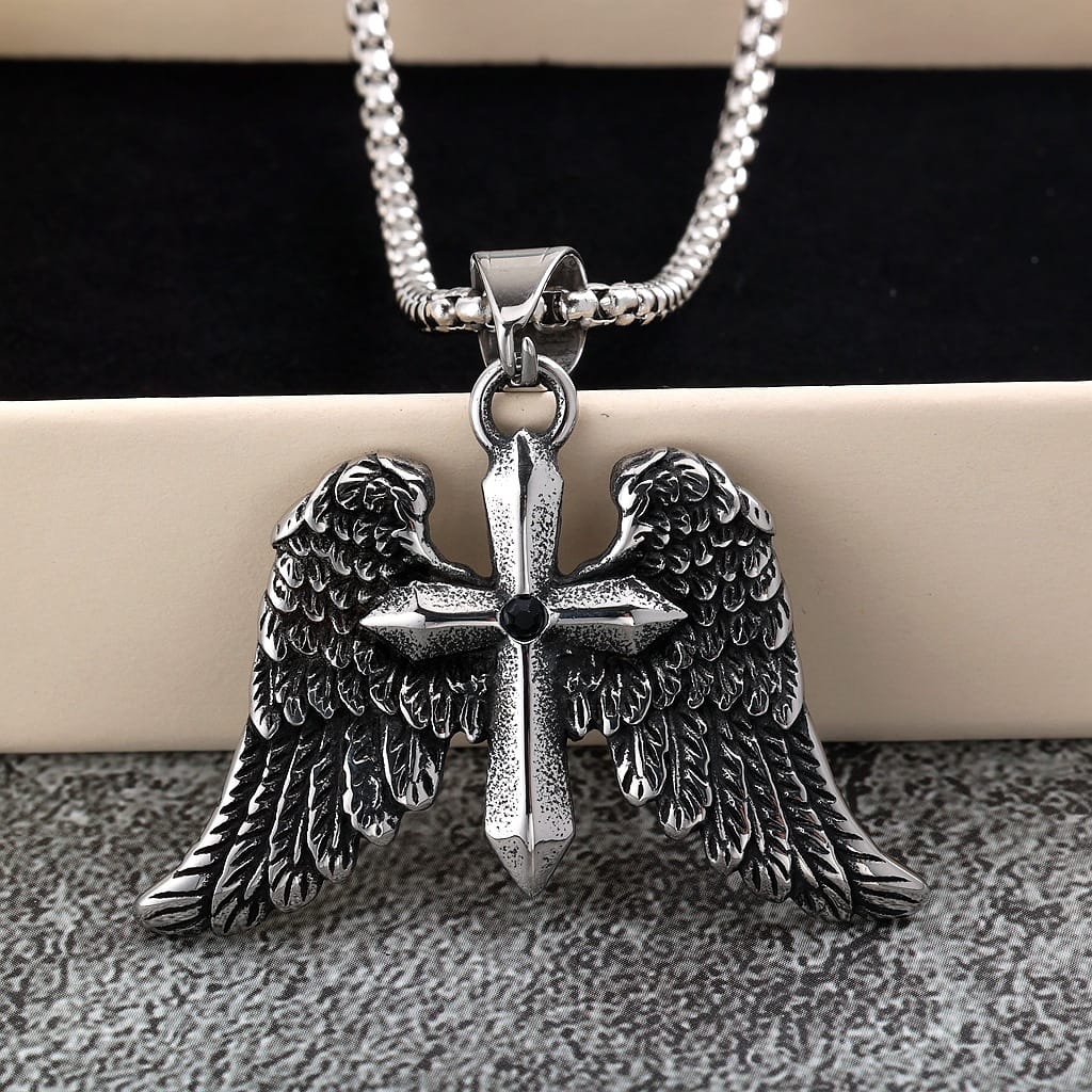 Kobine Men's Punk Wing Cross Necklace